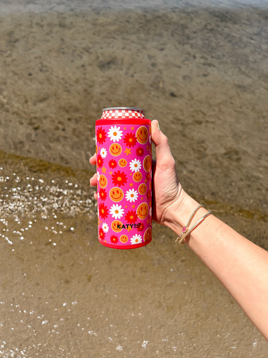 Pink Flower Happy Face Slim Can Cooler